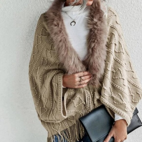 Khaki Faux fur Trim Textured Knit  Open front Sweater Cardigan - Picture 5 of 9